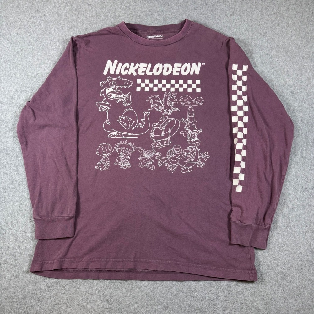 Y2K Nickelodeon Long Sleeve T-Shirt Purple 90s Cartoon Graphic Checkerboard L